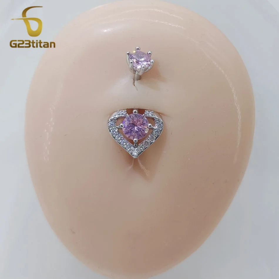 G23Titan 14G Piercing Pink Zircon Heart Navel Ring Surgical Titanium Steel Ombligo Shiny Cartilage Body Women Jewelry Gifts