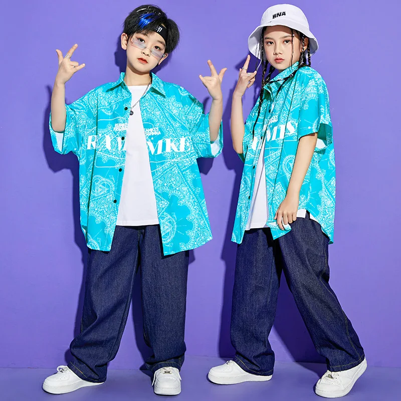 Kid Kpop Hip Hop Clothing Blue Print Short Sleeve Shirt Streetwear Denim Jeans Baggy Pants for Girl Boy Dance Costume Clothes