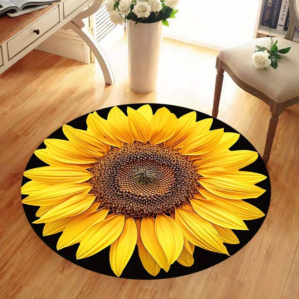 

1pc Velvet Sunflower Rug Crystal Velvet Sunflower Round Rug | Hand Wash Only - Suitable for Living Room, Bedroom