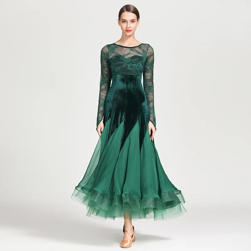 Spitze Samt Nähte Fischschwanz Frauen Standard Ballsaal Kleid Spanisch Tanz Kostüme Flamenco Walzer Kleid Elegante Party Kleid