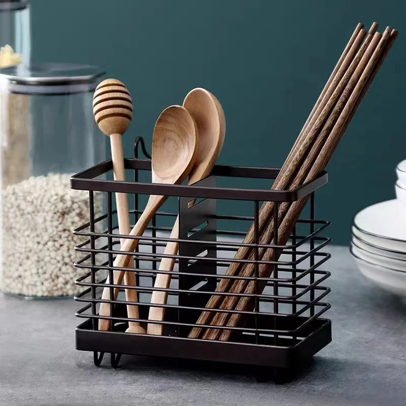 Wall-mounted Carbon Steel Chopsticks Cage Hollow Square Tableware Storage Tube Detachable Spoon Drain Rack Kitchen Storage Tools