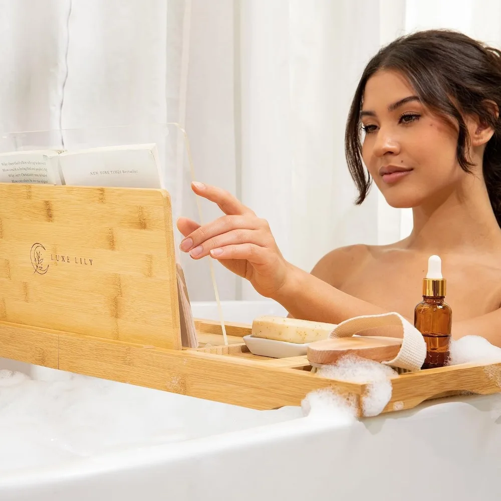 Extendable Bamboo Bathtub Tray with Book Holder & Wine Glass Slot - Waterproof Bath Caddy for Relaxing Spa Time