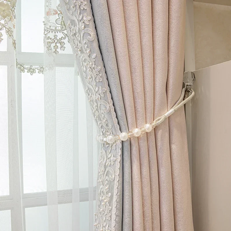 

Gray Pink Spliced Lace Girl Princess Style New Modern Style Nature Vertically Curtain For Living Room Bedroom Dining Custom Size