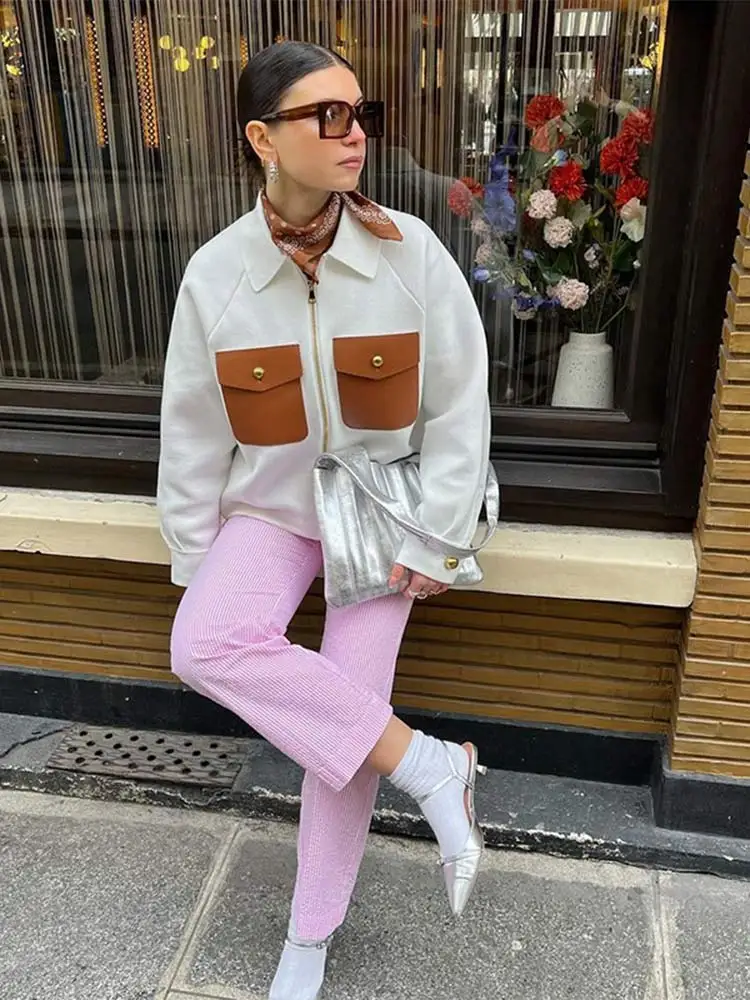 

Women Fashion Contrast Lapel Zipper Jacket Elegant Long Sleeves Loose With Pocket Coat Autumn Lady Commuting Street Outerwear