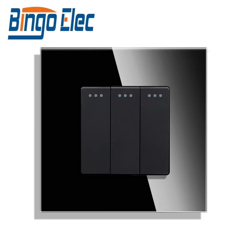Bingoelec Push Light Switch Wall Power Switch On Off Switch Button Lamp Switch 1/2/3Gang 2Way With Glass Frame Home Switch