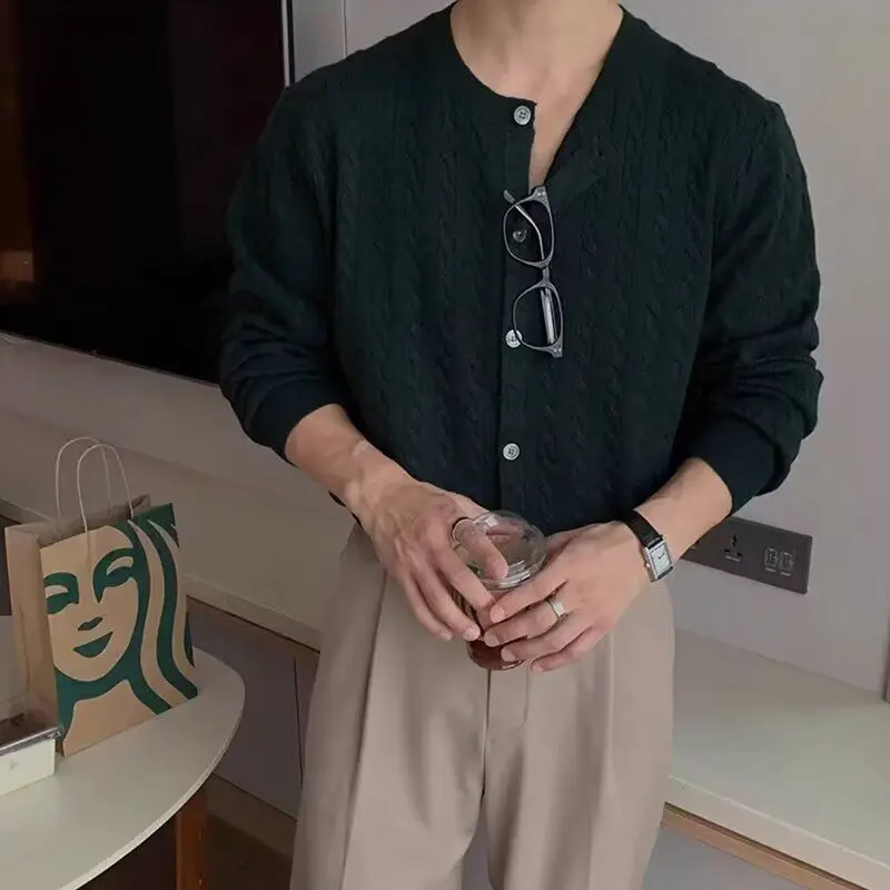 

Bla round Ne Knitted Cardigan Loose Men's Faion Autumn Winter Outerwear Soft Polyester Casual Sle Korean Trend