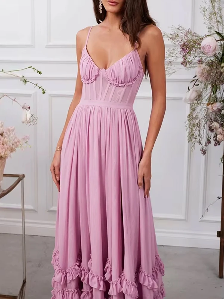 

Sexy V-neck Fishbone Backless Suspenders Dress Elegant Low-cut Sleeveless Slim Long Dress Fashion Waist Pleat Solid Party Dress