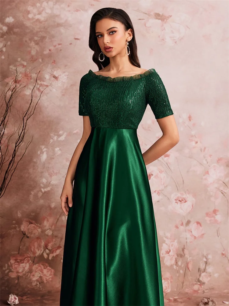 Vestido de noche con hombros descubiertos y lentejuelas verdes de lujo para mujer, vestido de satén para fiesta de boda, graduación hasta el suelo, cóctel y graduación, 2025