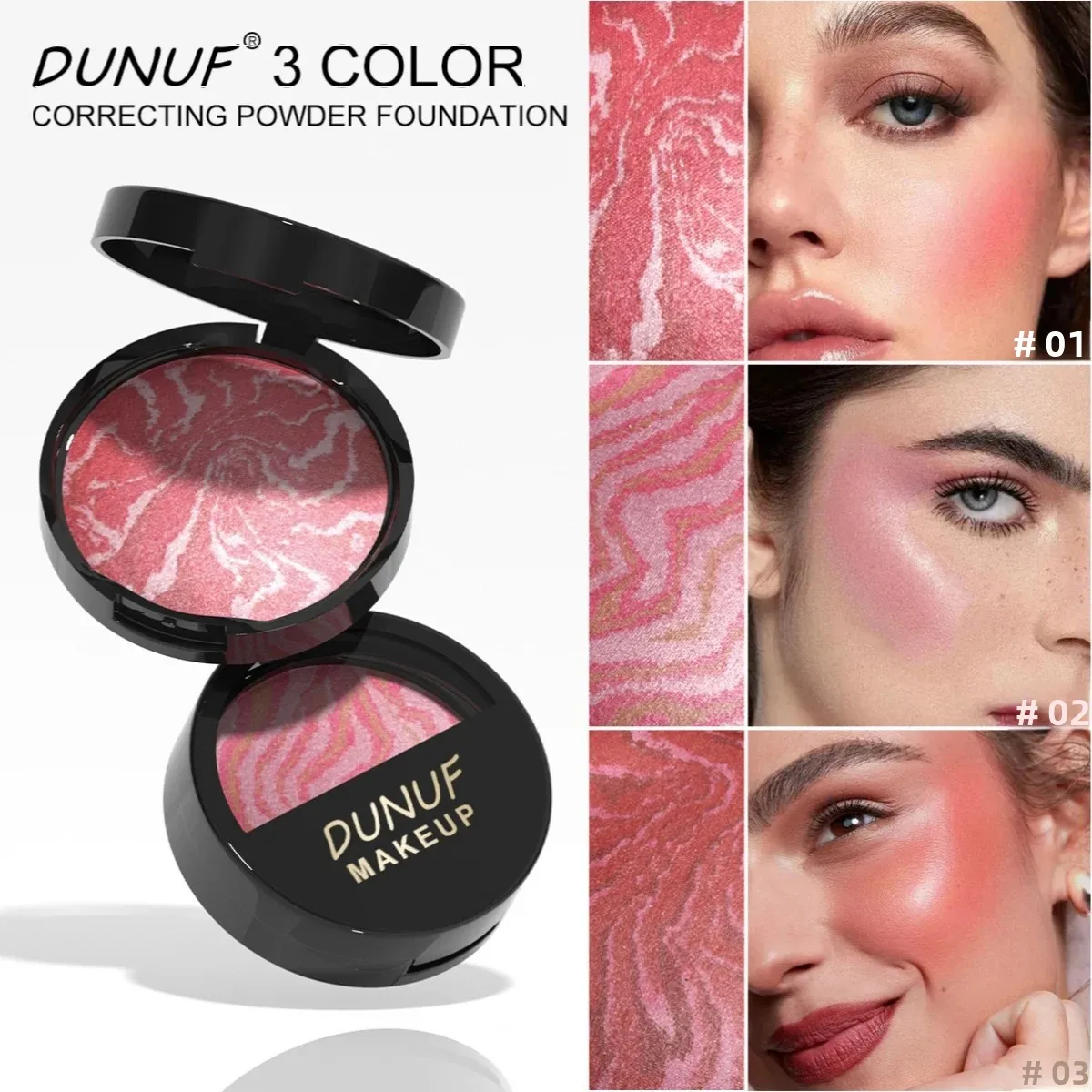 Paleta de rubor resistente al agua y de larga duración, polvo horneado de 3 colores, colorete suave ligero y transpirable, base correctora, maquillaje de 60g