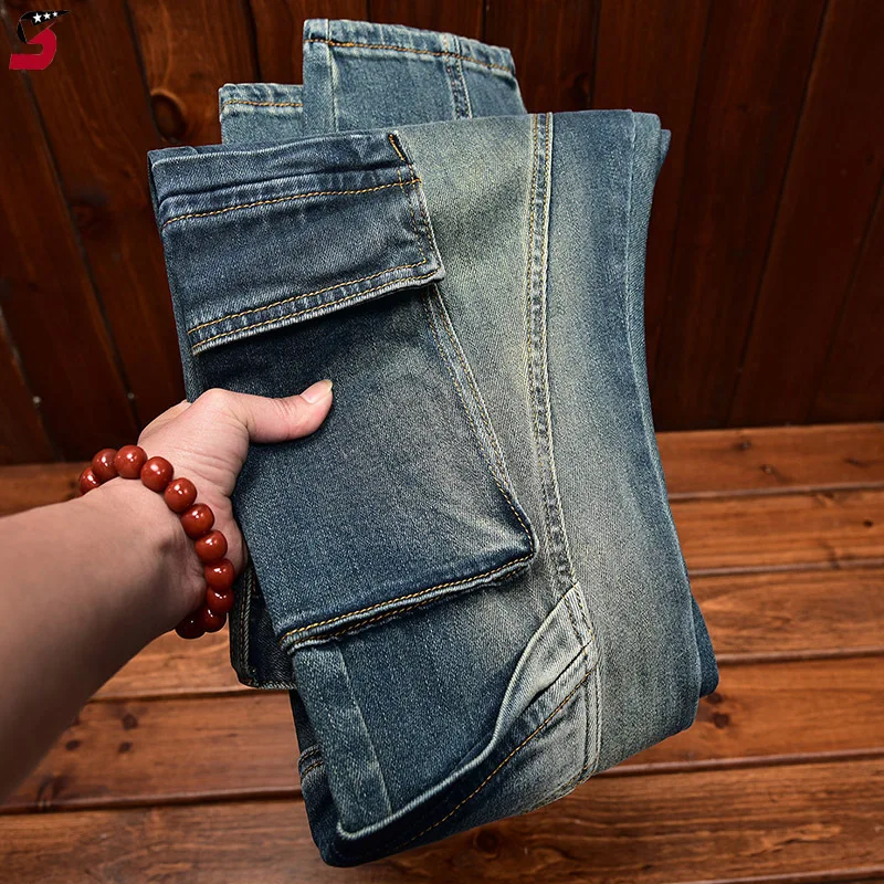 High-end Retro Nostalgic Men's Jeans with Multiple Pockets, Stretch Slim Fit, Fashionable Trendy Versatile Motorcycle Long Pants