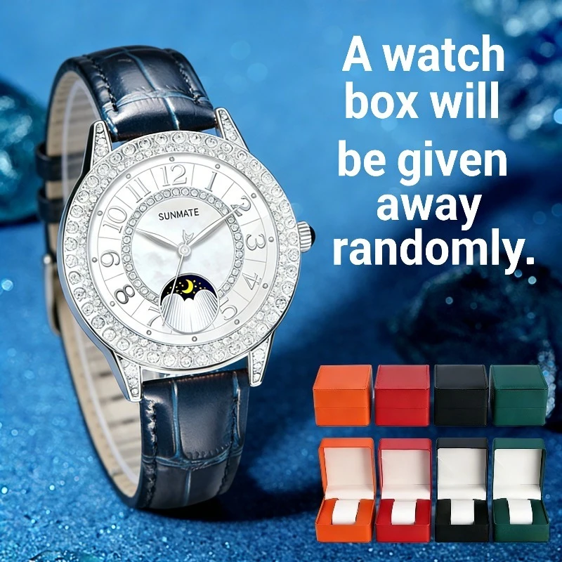 

Роскошные женские тонкие и простые кварцевые аналоговые часы SUNMATE, корпус из сплава, инкрустированный бриллиантами и ремешок из натуральной кожи