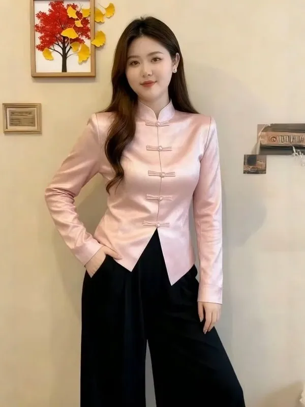 

Женская рубашка больших размеров с воротником-стойкой на пуговицах, розовая, приталенная, весенняя, в китайском стиле, модная, в национальном стиле