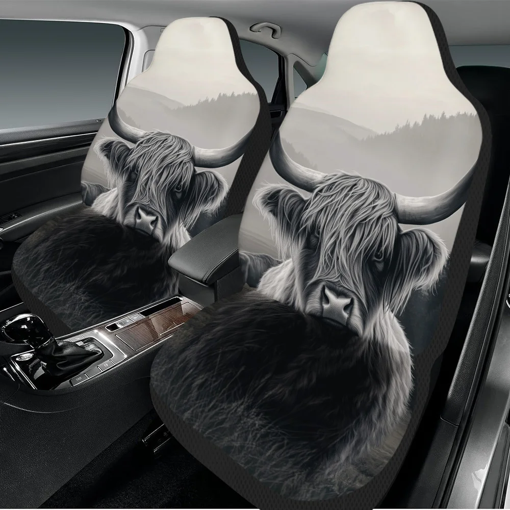 2pcs Majestic Highland Cattle Car Seat Covers Set - Durable Polyester, Stylish Full Set For 2 Front Seats, With Golden Accents,