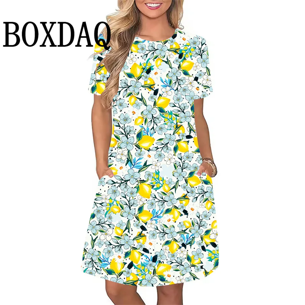 2025 New Women's Dresses Sweet Lemon Floral Print A-Line Dresses Plus Size Female Summer Loose Pocket Dress Sundress Beach Style