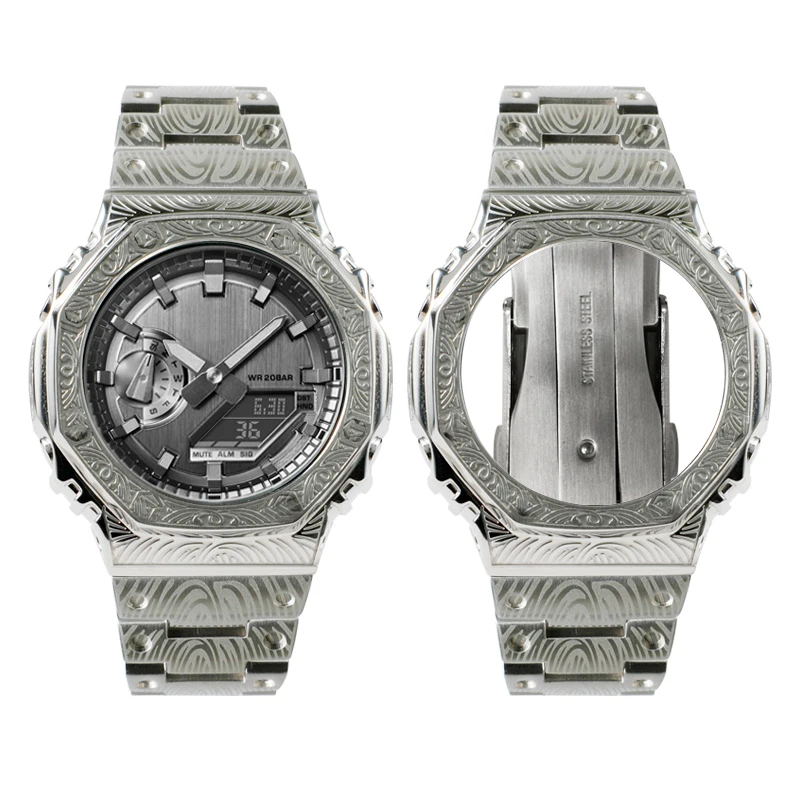 Compatível com GA-2100 GA-2110 Acessórios de relógio modificados com caixa de metal esculpida em carvalho de fazenda.