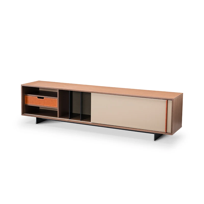 

Italian Style Minimal Solid Wood TV Cabinet Rectangular Small Family Living Room Saddle Leather TV Lockers