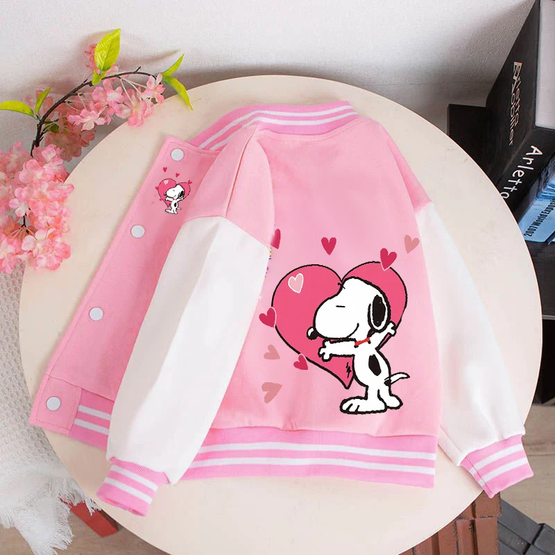 

Snoopy Girl Varsity Bomber Jacket Cartoon Button-up Kids Sweatshirt Lightweight Autumn Coat Toddler Baseball Jacket with Pocket