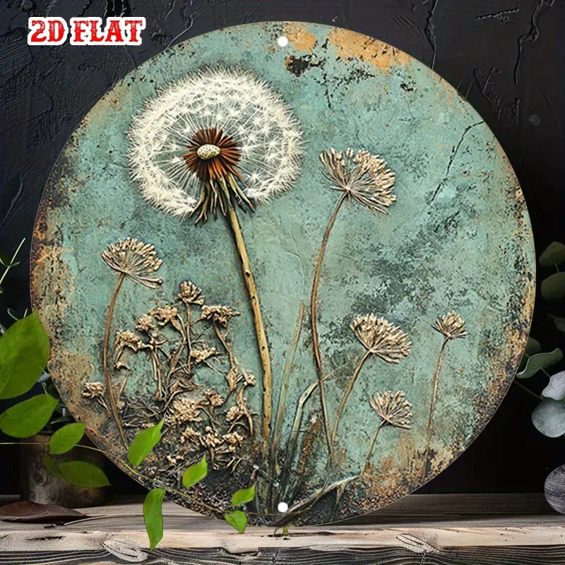 1 Stück 20x20cm rundes Aluminium-Metallschild im Vintage-Stil mit Löwenzahn-Blumenmotiv, dekorative Wandkunst für Wohnzimmer, Schlafzimmer, Café, Büro