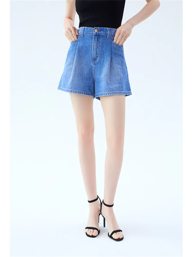 

2 Colors Female Loose Pleated Short Jeans Pants Women High Waisted Wide Leg Denim Shorts 2024 Spring New