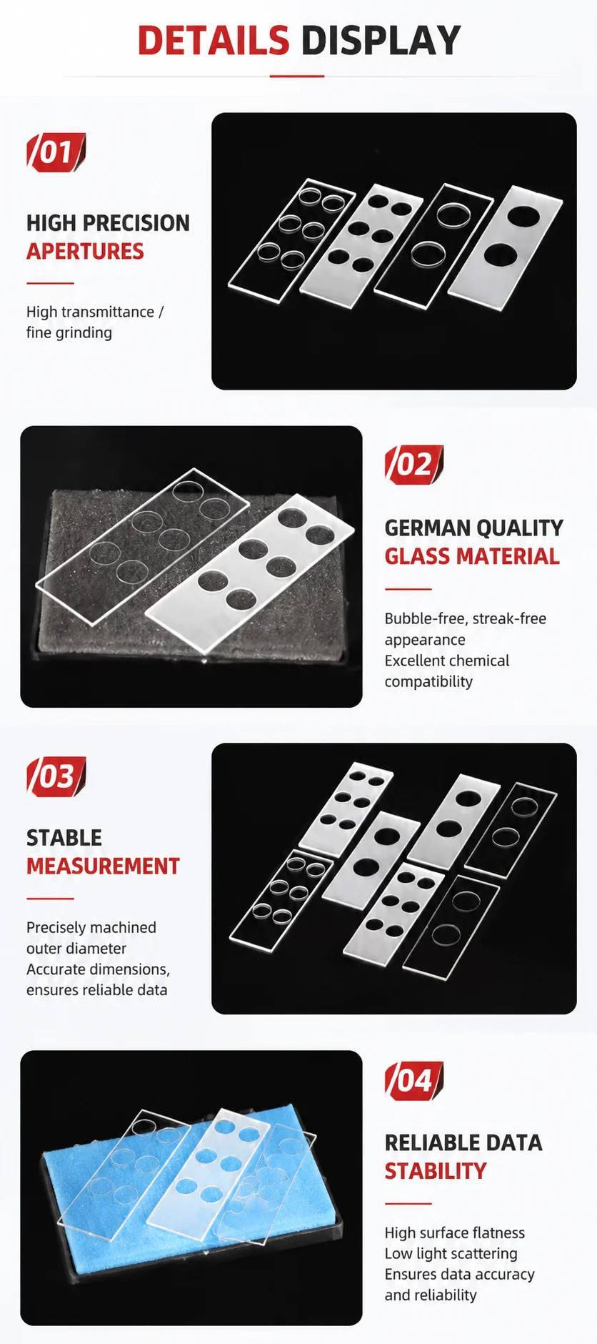 Flachboden-Kavitätenmikroskop-Objektträger aus Hochtransmissionsglas, Einzel-/Doppel-/Sechsfach-Wellen-Objektträger für Elektrophorese-Experimente – Detail 9