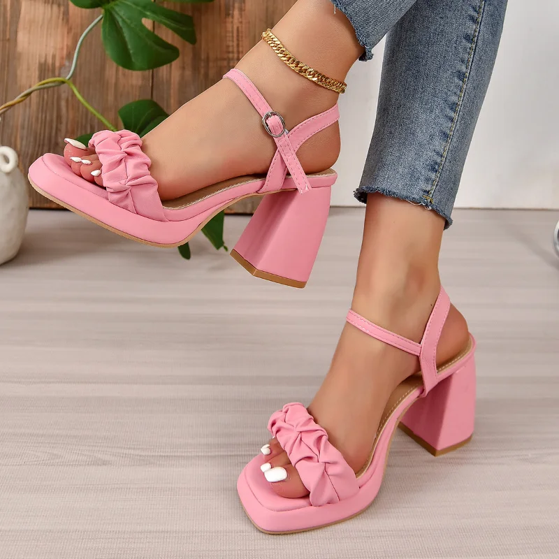 Women's High Heels Fashion Pleated Square Toe Open Toe Super High Heel Sandals All-match Hollow Out Sexy Party High Heels Mujer