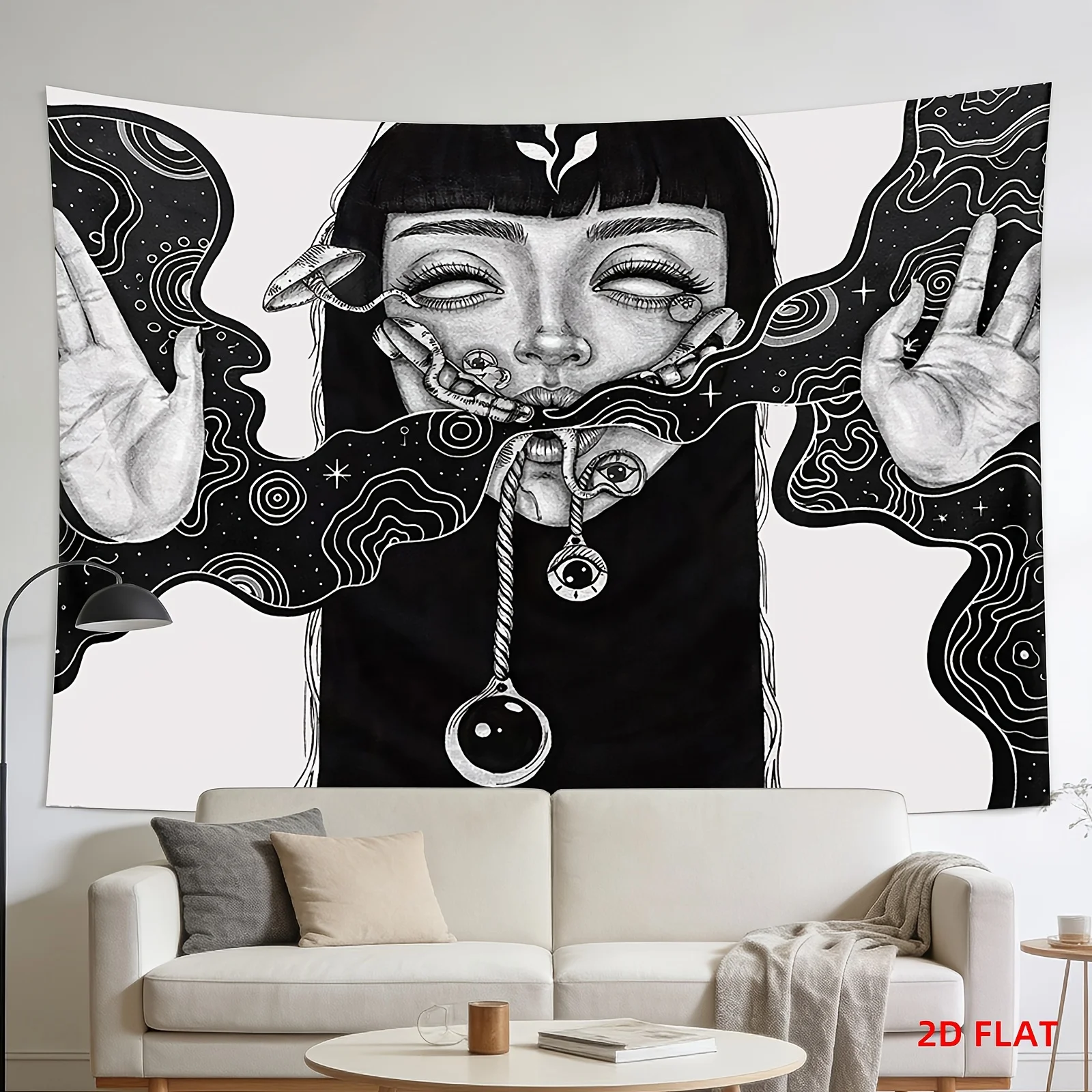 VIKAMA Dark Surrealing psychedelic Girl Tapestry Black and White Hand drawn Universe Mushroom Space Galaxy Cosmic Nebula