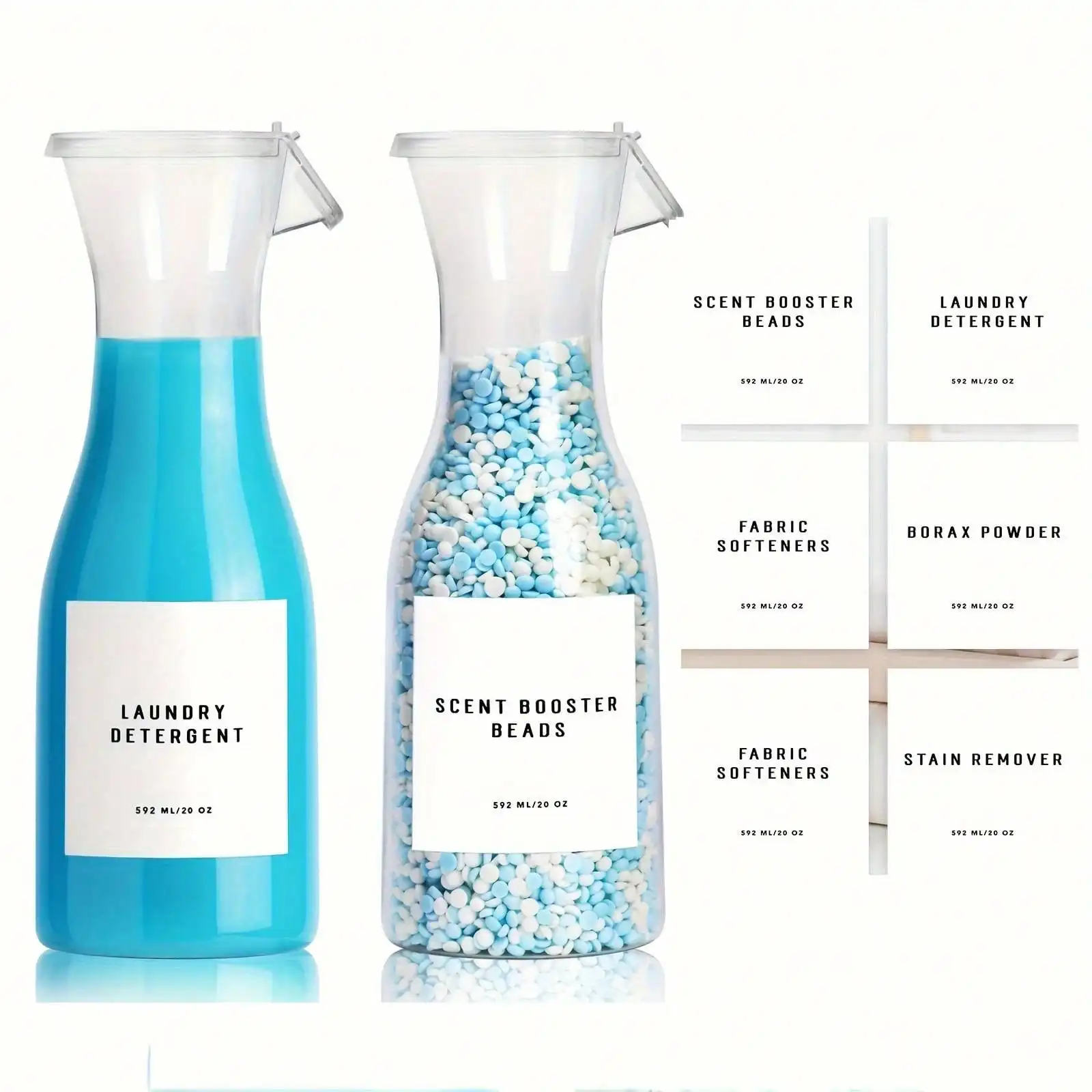 

2 упаковки, прозрачная бутылка-дозатор для стирального порошка, 20 унций с этикеткой для стирального порошка, мыло, смягчитель ткани, отбеливатель для прачечной