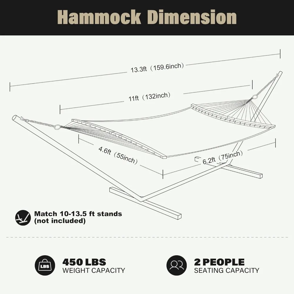 Patio Watcher 14 ft Doppel hängematte mit gebogenem Bambus, außen schnell trocknende Zwei-Personen-Hängematte mit Olefin-Stoff, bequem