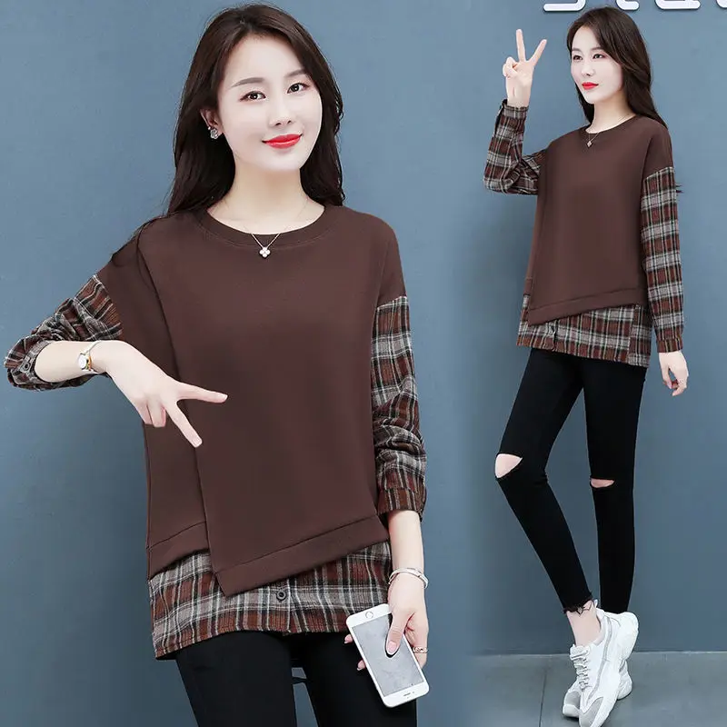 Vintage Elegant Woman Blouse Tunic Plaid Patchwork Long sleeve Top Tees Shirt Round collar Pullover Loose Casual Plus Size 2023