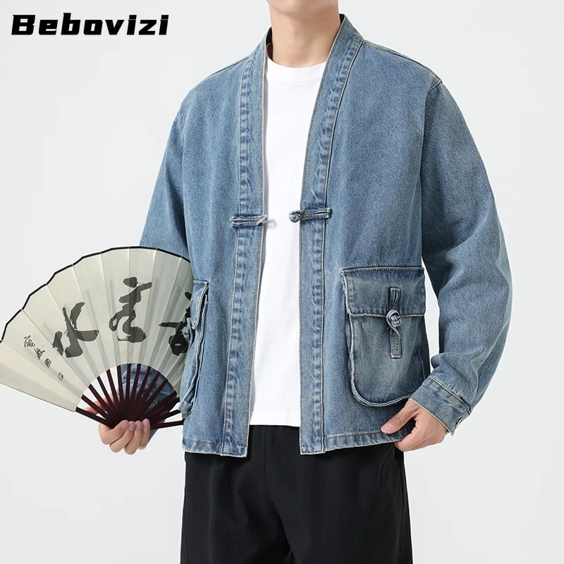 Fashion Men Denim Jacket Cotton Kimono Haori Japanese Pocket Cardigan Coat Vintage Traditional Asian Jackets Clothing 2024