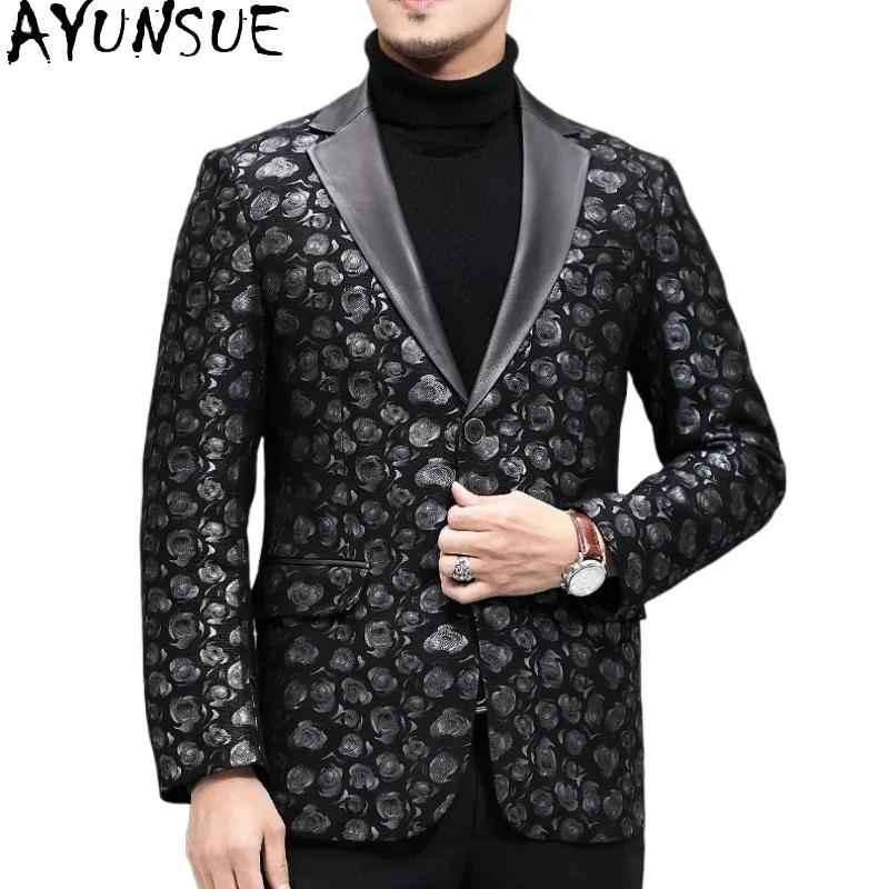 AYUNSUE High-end 100% Real Sheepskin Coat Man Luxury Genuine Leather Jacket Men Flower Printed Leather Blazer Slim-fit casacos