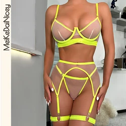MeiKeDai Neon Sensual Sexy Female Lingerie Transparent Bra Panty Set 3-Pieces See Through Seamless Exotic Sets Fancy Underwear