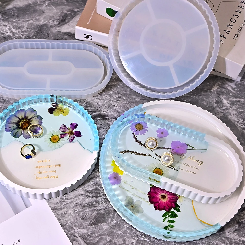 SZ091 DIY Round Tray Silicone Mold With Striped Edge Casting Oval Jewelry Storage Plate Gypsum Epoxy Resin Molds