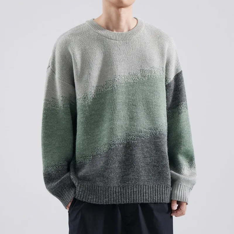 Men Round Neck Gradient Jacquard Sweater Loose Drop Shoulder Long Sleeve Casual Knit Pullover