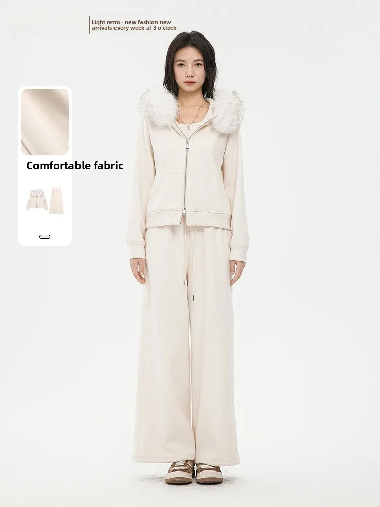 

Повседневный комплект из флисовой толстовки и брюк для женщин: элегантный стиль, на молнии, с длинными рукавами, с капюшоном, из двух предметов, новинка весны