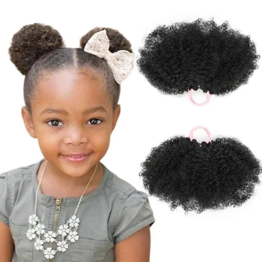 2Pcs Kids Puff Ponytail Synthetic 4inch Black Mini Afro Kinky Curly Hair Bun For Little Girls Comfortable Lightweight Hairpieces