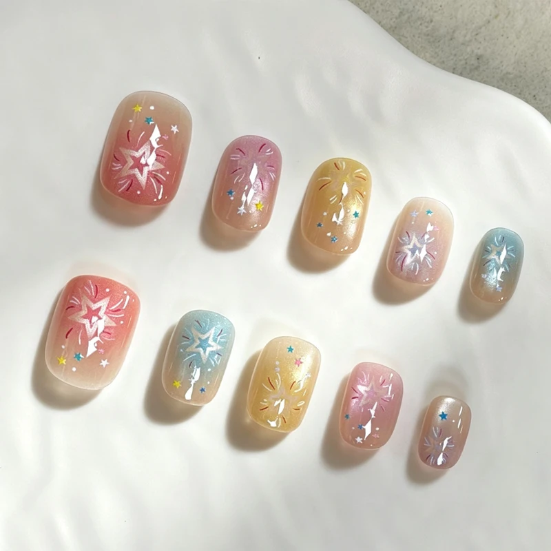 10 Stück Französische Kurze Ovale Aufklebenägel - Einfache Farbblock-Streifen & Stern-Designs Glänzende Mix-and-Match Künstliche Nägel – Detail 17