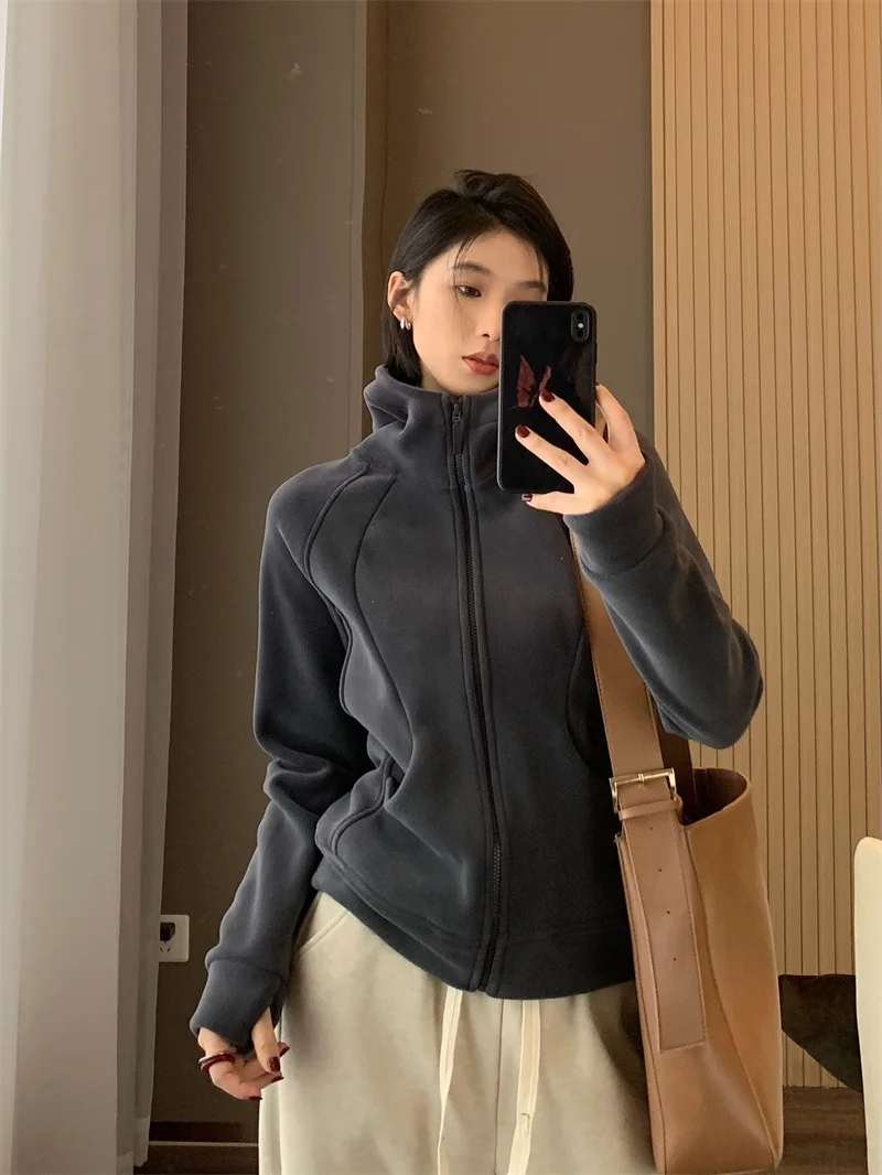 Women's Thickened Hoodie Sweatshirt Jacket Yoga Sport Top Korean Style Commute Casual Outerwear  Shape Sandal Shape