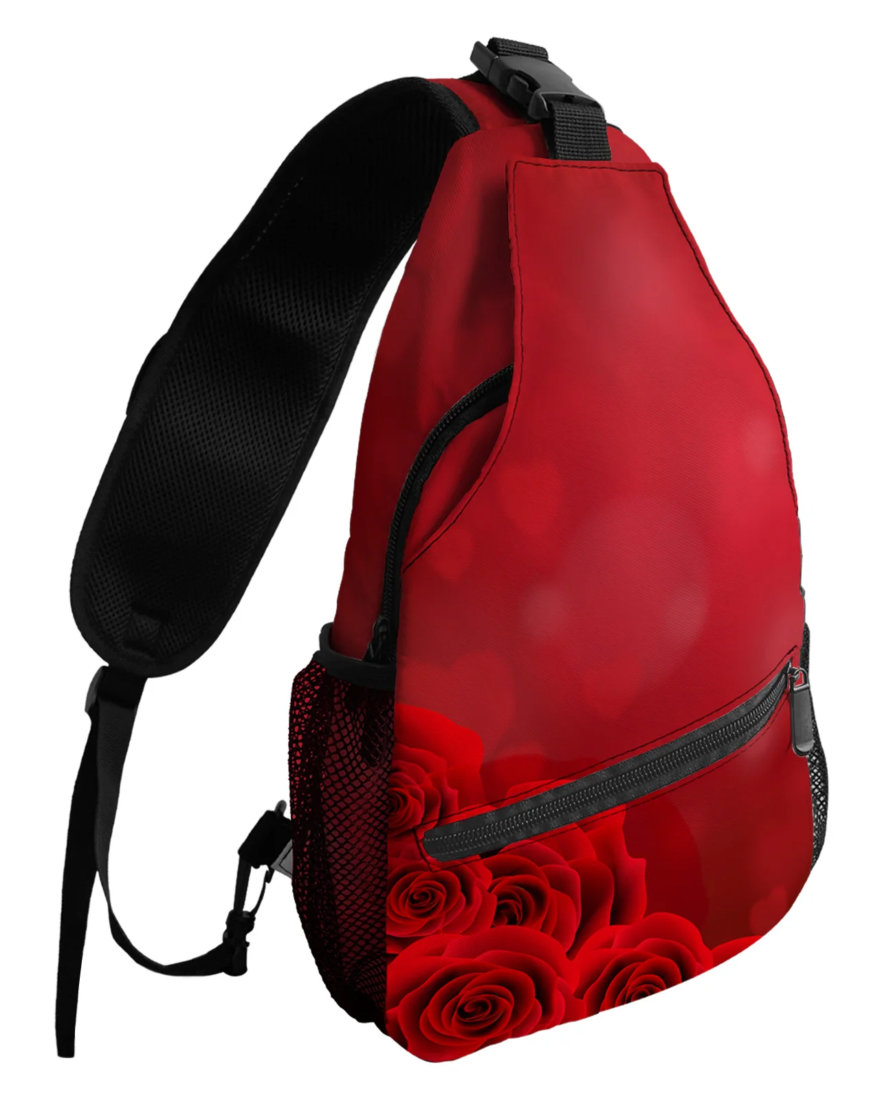 Valentine'S Day Rose Red Flower Heart Chest Bag for Men Casual Sports Shoulder Bag Women's Travel Waterproof Messenger Bag