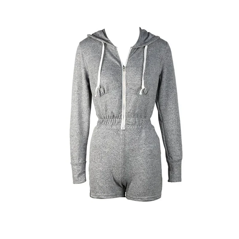 Casual Solid Color Jumpsuit Autumn Summer Clothes Suit Long-sleeved Zipper Hooded Knitted Long-sleeved Sports Jumpsuit Shorts