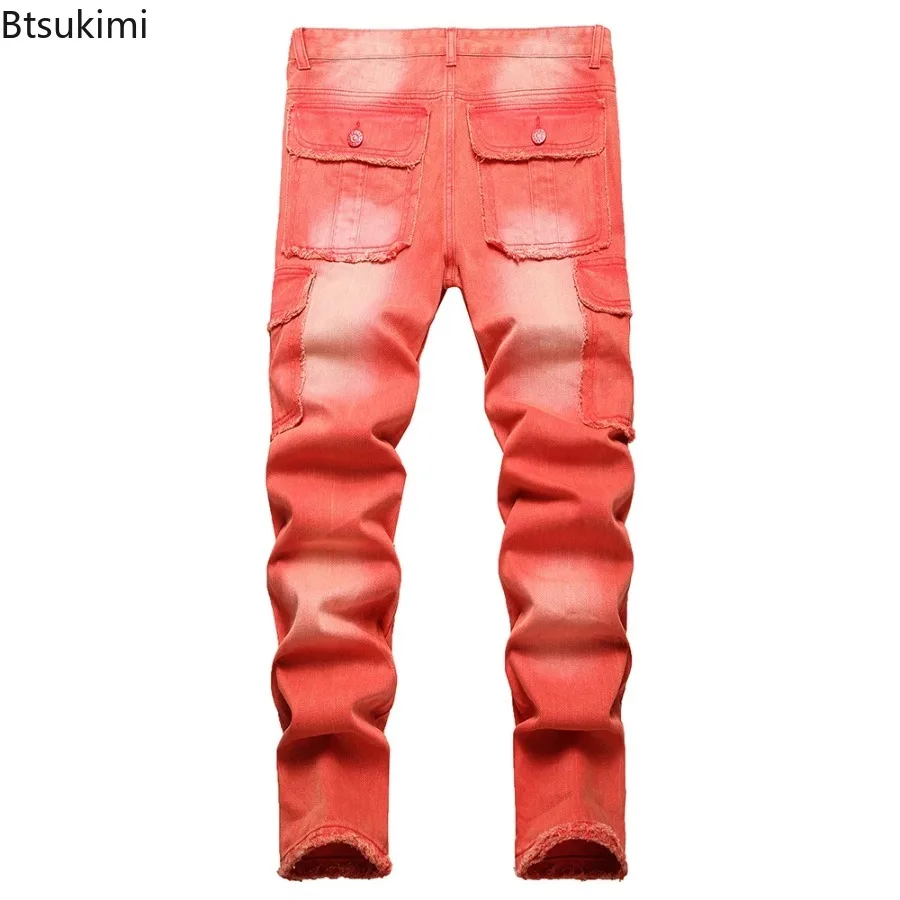 2026 New Men's Fashion Multi Pockets Cargo Denim Jeans Orange Red Fringe Non Stretch Cotton Pants Slim Casual Straight Trousers