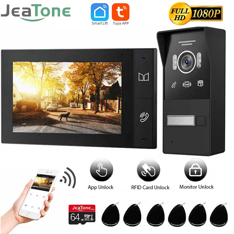 

Видеодомофон Jeatone 1080P с Wi-Fi и сенсорным экраном 7 дюймов, 2 провода