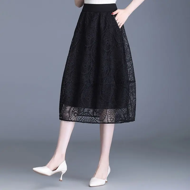 

Women's Skirt High Waist Lace Black Female Skirts Midi Luxury Elegant Quality Chic Korean Style Summer 2025 Y2k Vintage Casual V