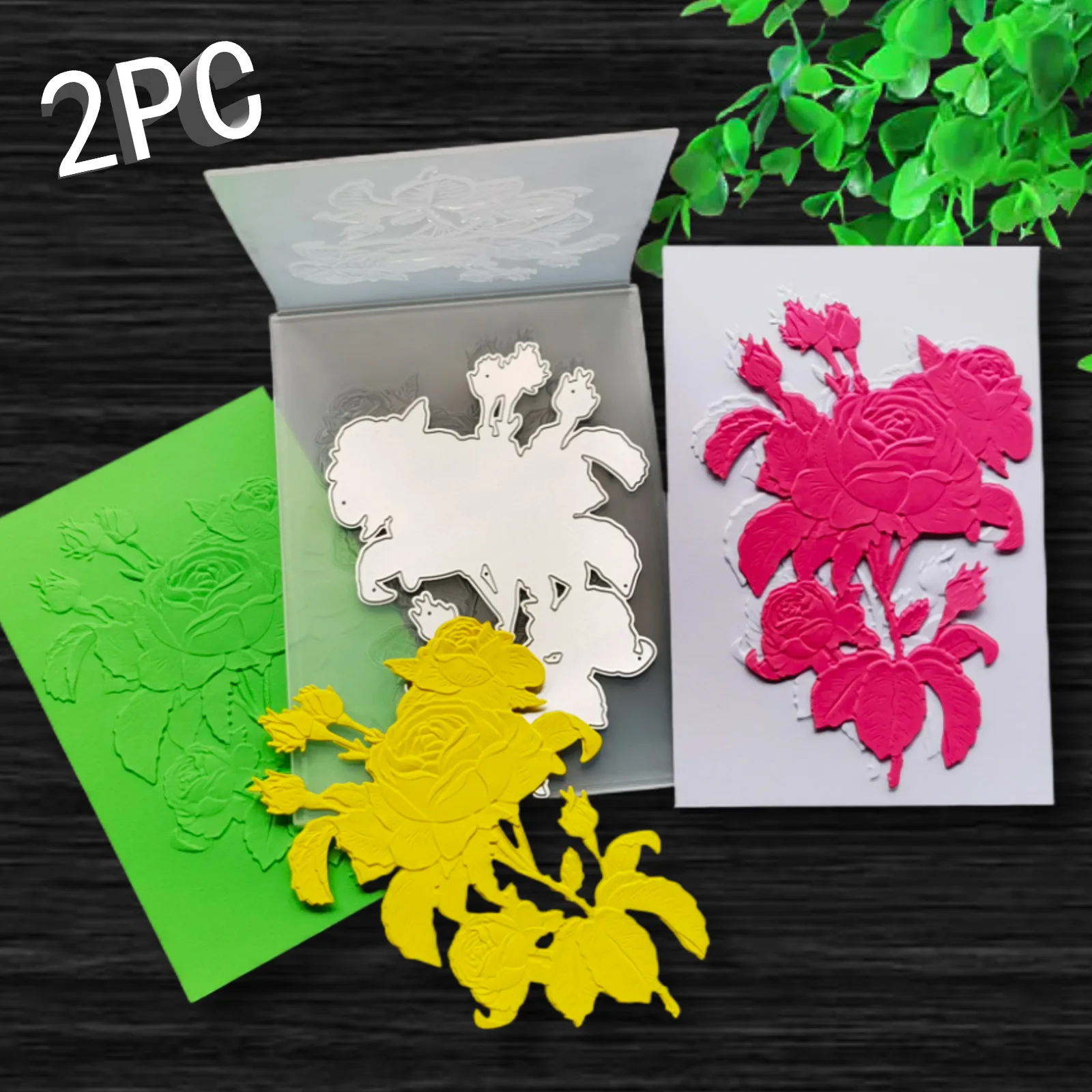 Picture 3: Rose Art Background Flower Design 3D Relief Folder and Cutting Mold 2-piece Set, Used for Business Card Printing, Scrap Book Pap