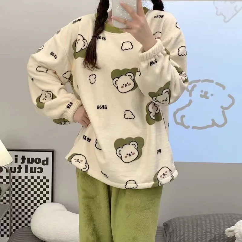 Flannel Sleepwear Pants Women's Winter Pajamas Set Fleece Casual Solid Top Thick Warm Sleepwear Pijamas Set for Women Home Suit