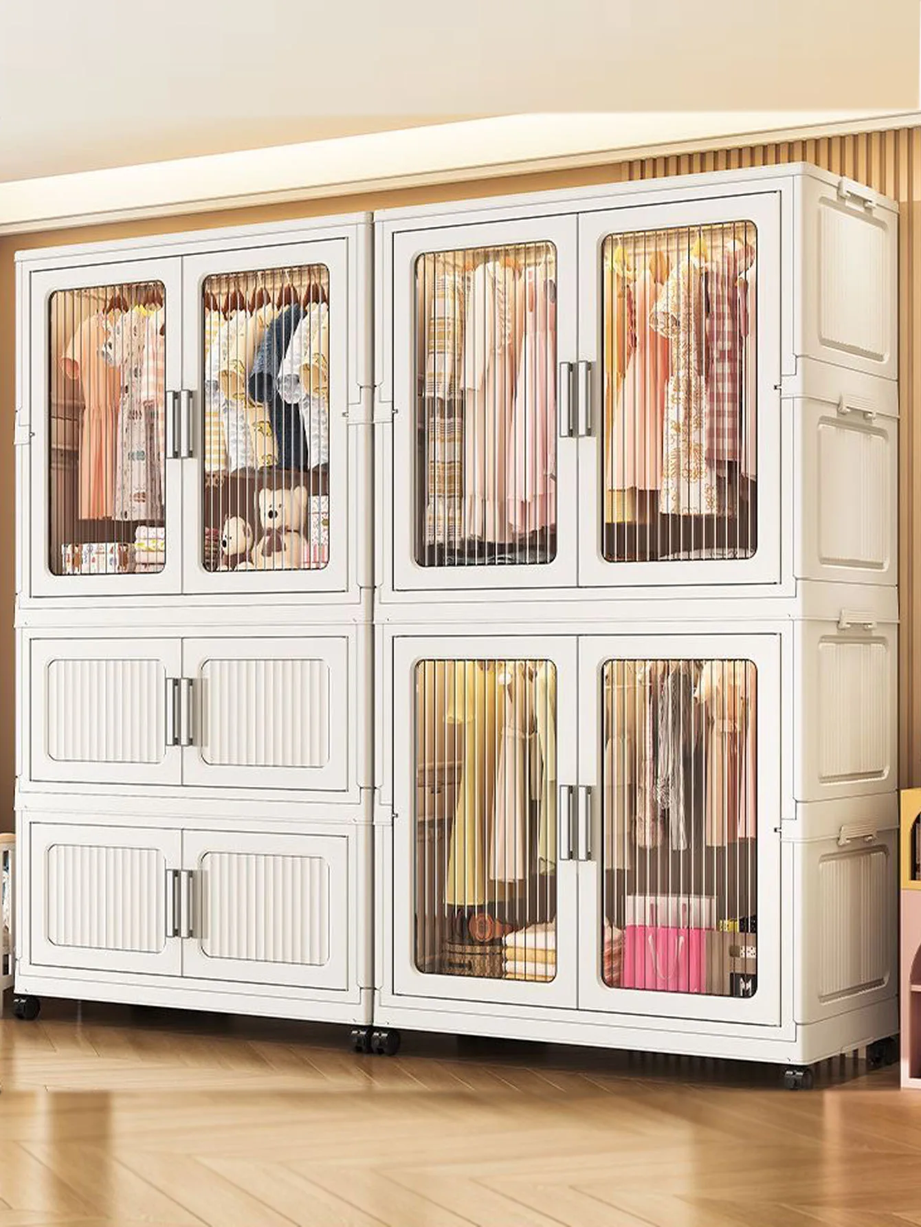 foldable-double-door-storage-cabinet-easy-installation-home-floor-standing-dustproof-multi-layer-organizer-for-toys-snacks