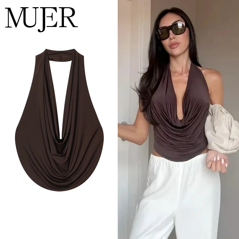 MUJER Sexy Halter Crop Top Woman Draped Backless Tops for Women Coquette Camisole Summer Tanks & Camis off Shoulder Women's Tops