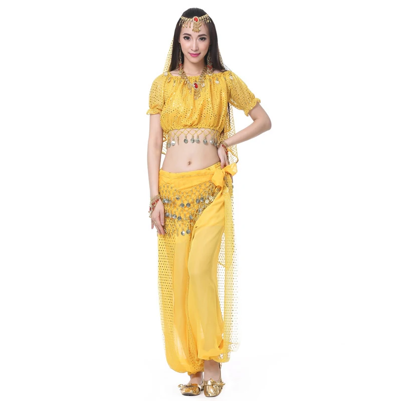 Trajes de dança do ventre destaque lanterna camisa de manga curta + calças destaque + bandana indiano egípcio adulto feminino bollywood conjunto