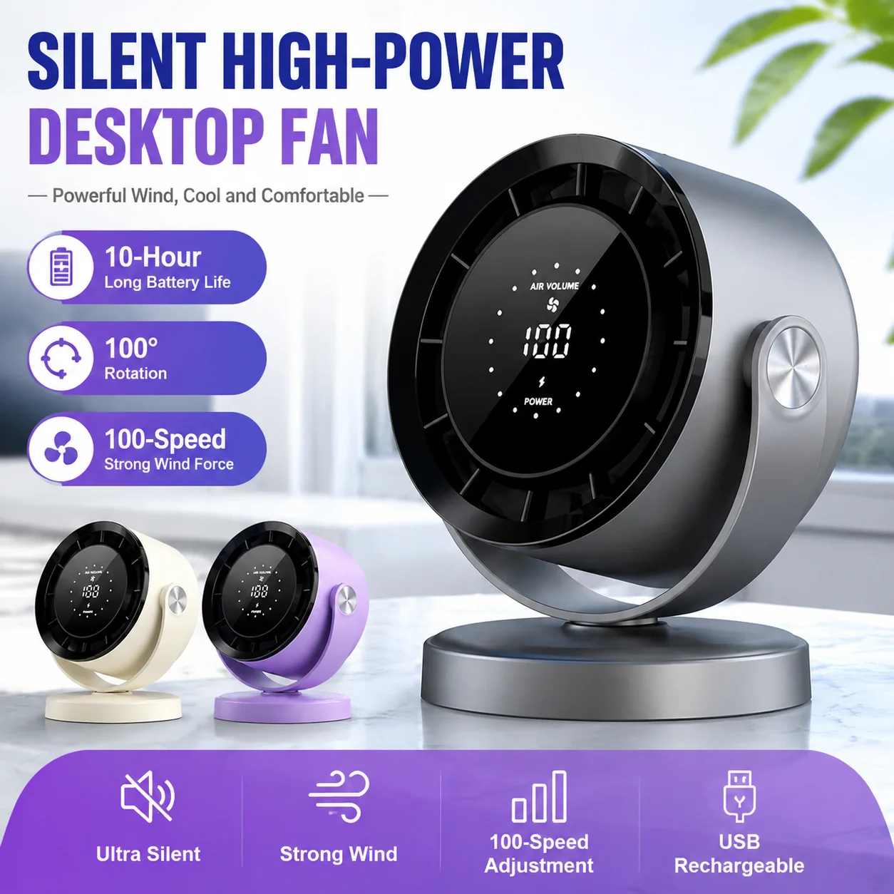 Mini USB Desk Fan Silent High Wind Portable Cooling Fan, 5-Speed Adjustable Desktop Fan for Office Dormitory Bedroom Air Circula