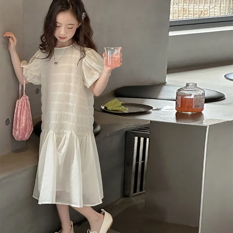 2024 Korean Summer School Girl Dress Teenager Girl Bubble Sleeve Onepiece Dress Children Girl Shiny Princess Dress Kids Dress